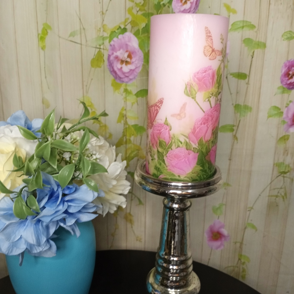 Tall Pillar Candle Pink Butterfly Flowered